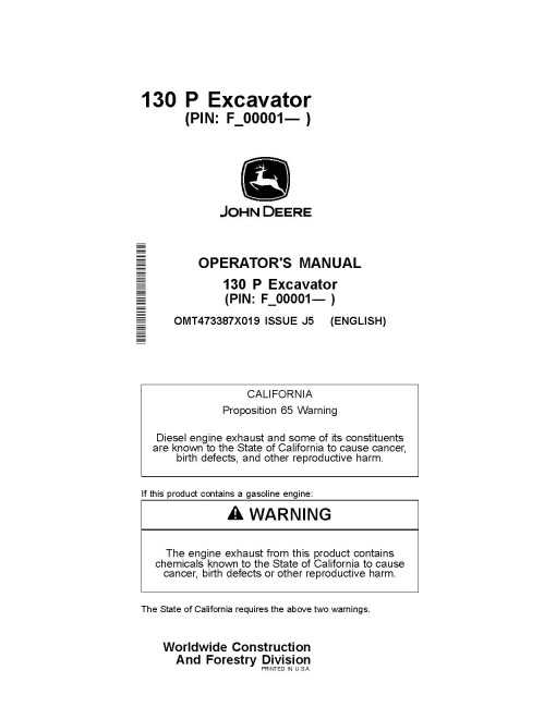 John Deere 130 P Crawler Excavators (PIN: from 1FF130PA_ _F_00001) Operators Manual (OMT473387X019)