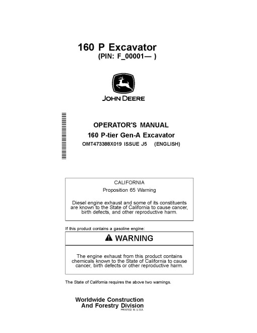 John Deere 160 P Crawler Excavators (PIN: from 1FF160PA_ _F_00001) Operators Manual (OMT473388X019)
