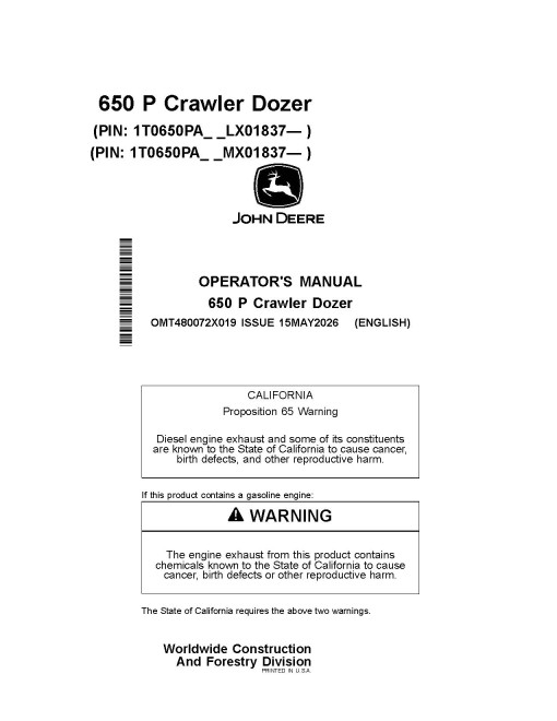 John Deere 650 P Crawler Dozers (SN. from LX01837, MX01837) Operators Manual (OMT480072X019)