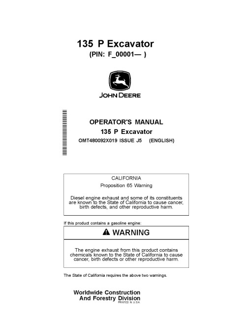 John Deere 135 P Crawler Excavators (PIN: from 1FF135PA_ _F_00001) Operators Manual (OMT480092X019)