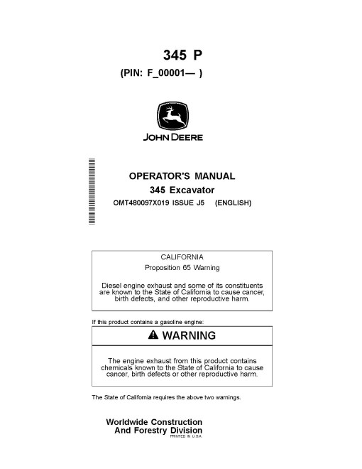 John Deere 345 P Crawler Excavators (PIN: from 1FF345PA_ _F_00001) Operators Manual (OMT480097X019)