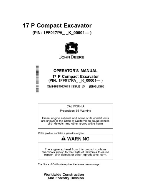 John Deere 17P Compact Excavators (PIN: from 1FF017P A_ _K _00001) Operators Manual (OMT489504X019)