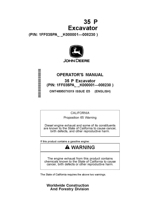 John Deere 35P Compact Excavators (PIN: 1FF035P A_ _K000001 - 008230) Operators Manual (OMT489507X019)