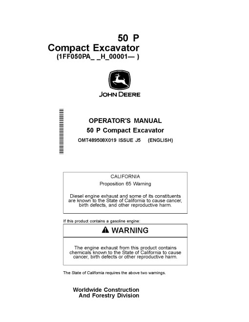 John Deere 50P Compact Excavators (PIN: from 1FF050PA_ _H_00001) Operators Manual (OMT489508X019)