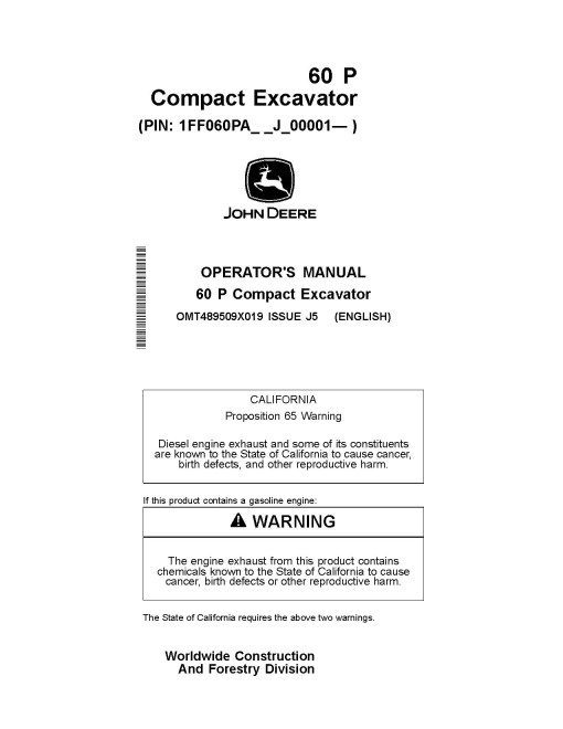 John Deere 60P Compact Excavators (PIN: from 1FF060P A_ _J_00001) Operators Manual (OMT489509X019)