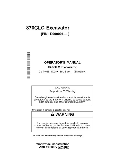 John Deere 870GLC Crawler Excavators (SN. from D000001) Operators Manual (OMT489514X019)