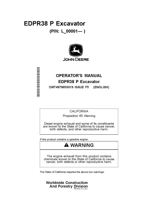 John Deere 380 P Crawler Excavators (SN: from L_00001) Operators Manual (OMT497965X019)