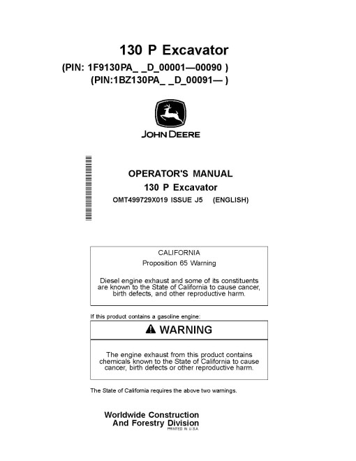 John Deere 130 P Crawler Excavators (PIN: from 1F9130PA_ _D_00001) Operators Manual (OMT499729X019)