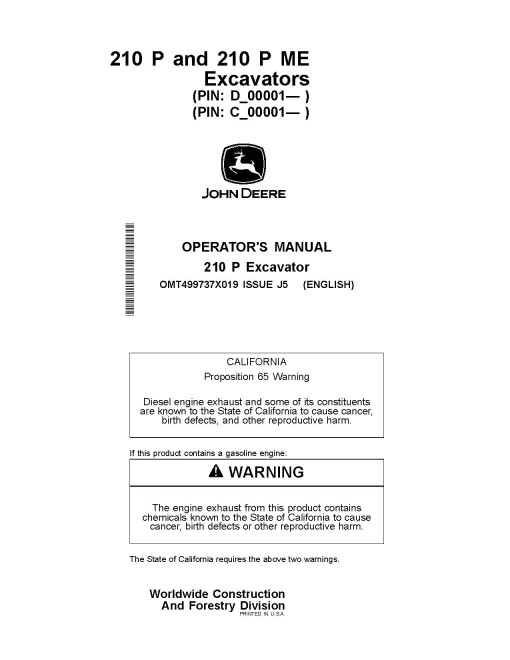 John Deere 210 P Crawler Excavators (SN. from C_00001, D_00001), PIN prefix 1F9 and 1BZ, Operators Manual (OMT499737X019)
