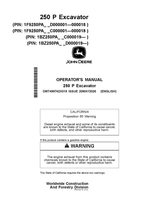 John Deere 250 P Crawler Excavators (SN. from C00001, D00001), PIN prefix 1F9 and 1BZ, Operators Manual (OMT499742X019)