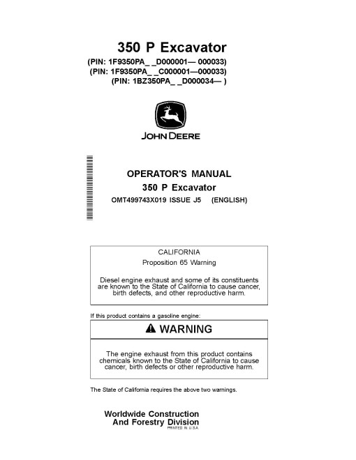 John Deere 350 P Crawler Excavators (SN:C000001-000033, from D000001), PIN prefix 1F9 and 1BZ, Operators Manual (OMT499743X019)