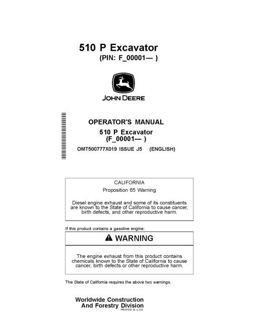 John Deere 510 P Crawler Excavators (SN: from F_00001) Operators Manual (OMT500777X019)