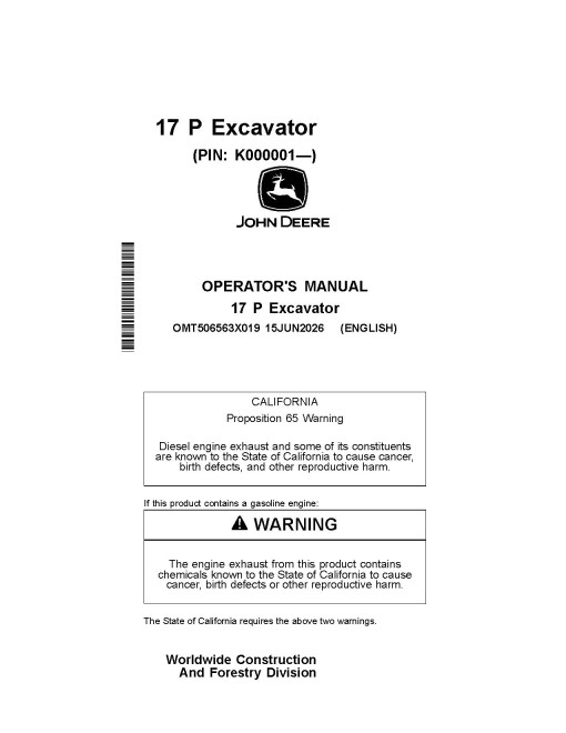 John Deere 17P Compact Excavators (SN: from K000001) Operators Manual (OMT506563X019)
