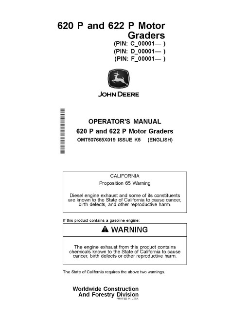 John Deere 620 P and 622 P Motor Graders (SN. from C_00001, D_00001, F_00001) Operators Manual (OMT507665X019)