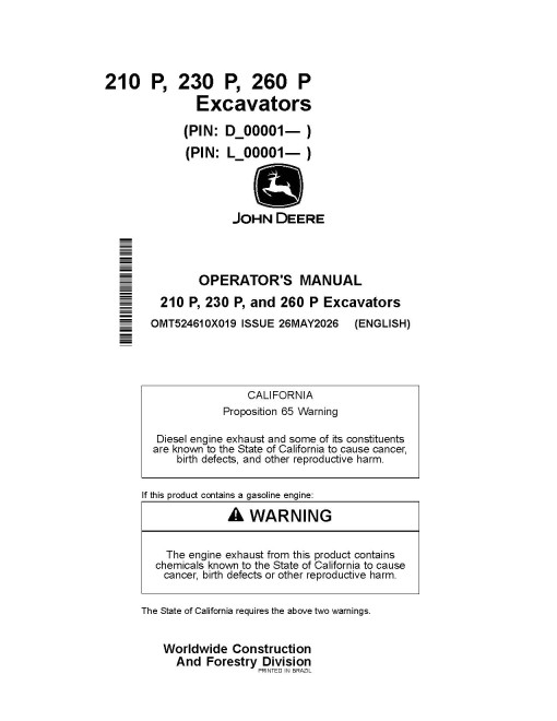 John Deere 210 P, 230 P, 260 P Crawler Excavators (SN. from D_00001; L_00001), PIN prefix 1BZ, Operators Manual (OMT524610X019)