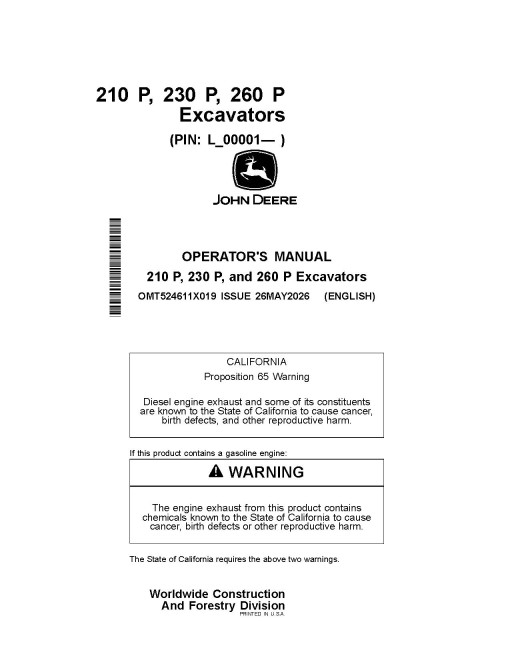 John Deere 210 P, 230 P and 260 P Crawler Excavators (SN.from  L_00001), PIN prefix 1FF, Operators Manual (OMT524611X019)