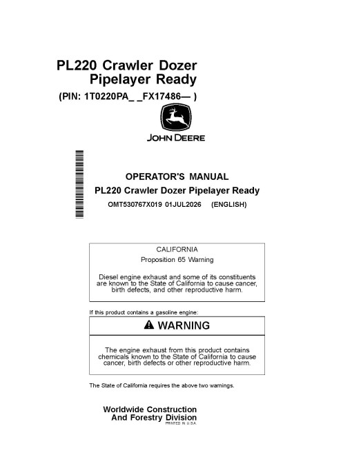John Deere PL220 Pipelayer Ready Crawlers (PIN: from 1T0220PA_ _FX17486) Operators Manual (OMT530767X019)