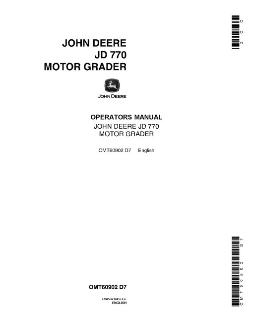 John Deere 770 (JD770) Motor Graders set of Operators Manuals (OMT60902)