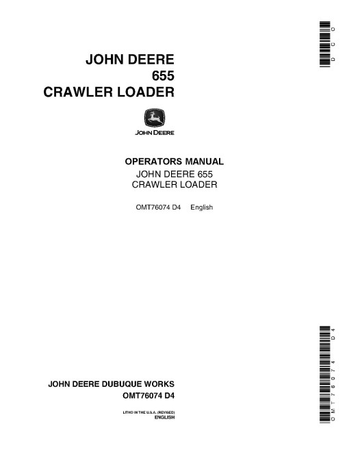 John Deere 655 (JD655) Crawler Loaders Operators Manual (OMT76074)