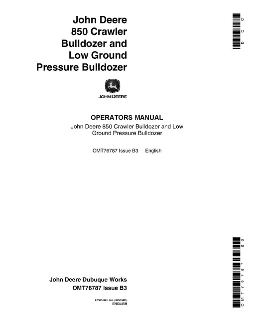 John Deere 850 (JD850) Crawler Dozers Operators Manual (OMT76787)