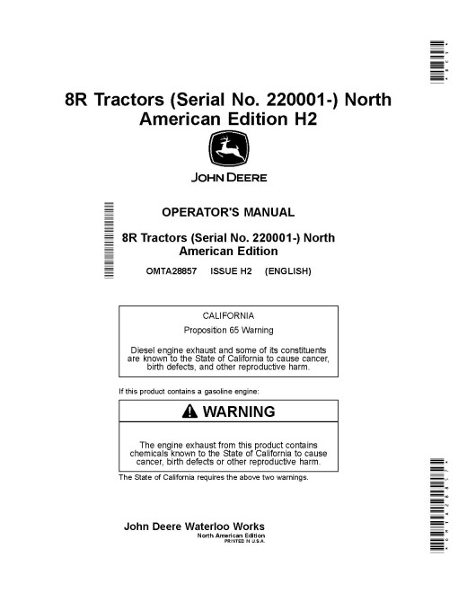 John Deere 8R 230, 8R 250, 8R 280, 8R 310, 8R 340, 8R 370, 8R 410 Tractors (SN:220001-240000, N.America) Operators Manual (OMTA28857)