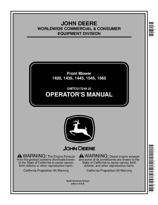 John Deere 1420,1435,1445(030001-040000), 1545(010001-020000), 1565(020001-030000) Front Mower (N.America) Operators Manual (OMTCU17249)