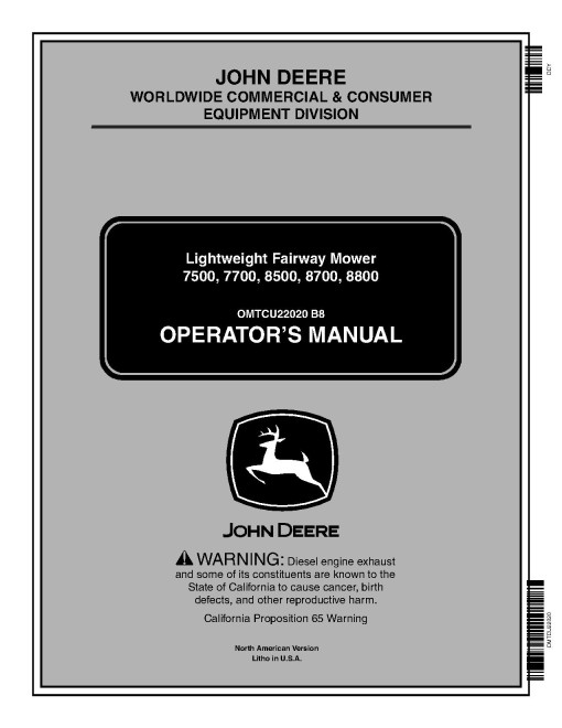 John Deere 7500, 7700, 8500, 8700, 8800 Lightweight Fairway Mowers (SN:000001-020000) (N.America) Operators Manual (OMTCU22020)