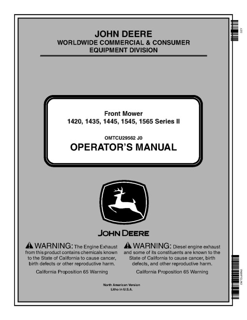 John Deere 1420,1435,1445(110001-130000), 1545(090001-110000), 1565(100001-120000) Ser.II Front Mower (N.A.) Operators Manual (OMTCU29562)