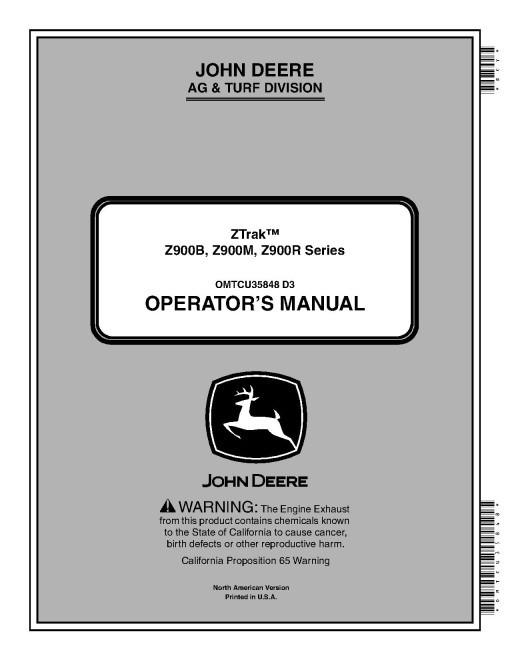 John Deere ZTrak Z915B, Z920M/R, Z925M, Z930M/R, Z950R, Z960R, Z970R Zero-Turn Mowers (North America) Operators Manual (OMTCU35848E)
