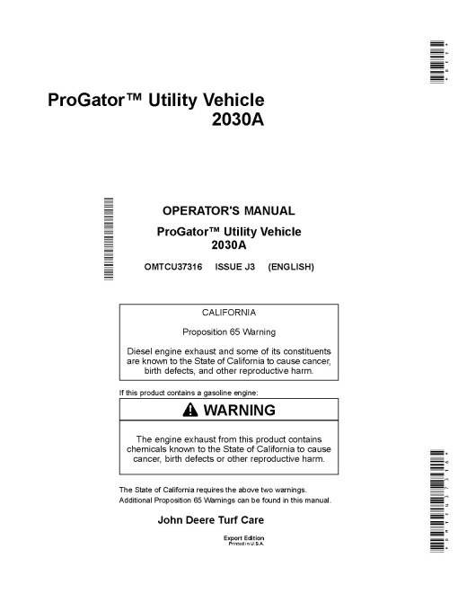 John Deere ProGator 2030A Utility Vehicles (SN: 075001 - 080000) (Export Edition) Operators Manual (OMTCU37316)