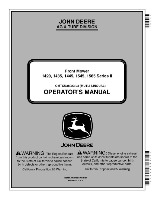 John Deere 1420,1435,1445 (SN:130001-), 1545 (SN:110001-), 1565 (SN:120001-) Ser.II Front Mower (N.America) Operators Manual (OMTCU38023)