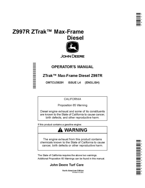 John Deere ZTrak Z997R (SN: 010001-020000) Max-Frame Mowers (North America) Operators Manual (OMTCU39291E)