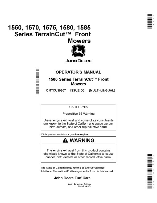 John Deere 1550, 1570, 1575, 1580 and 1585 TerrainCut Front Mowers (SN:010001-020000) (N.America) Operators Manual (OMTCU39307)
