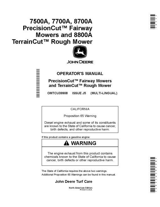 John Deere 7500A, 7700A, 8700A Fairway Mowers and 8800A Rough Mowers (SN:030001-040000), N.America, Operators Manual (OMTCU39908)