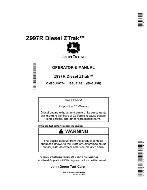 John Deere ZTrak Z997R (SN: 020001-030000) Max-Frame Mowers (North America) Operators Manual (OMTCU40074E)
