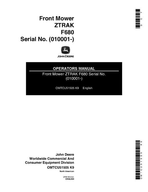John Deere ZTrak F680 Front Mowers (SN: 010001 - 020000) (North America) Operators Manual (OMTCU51505)