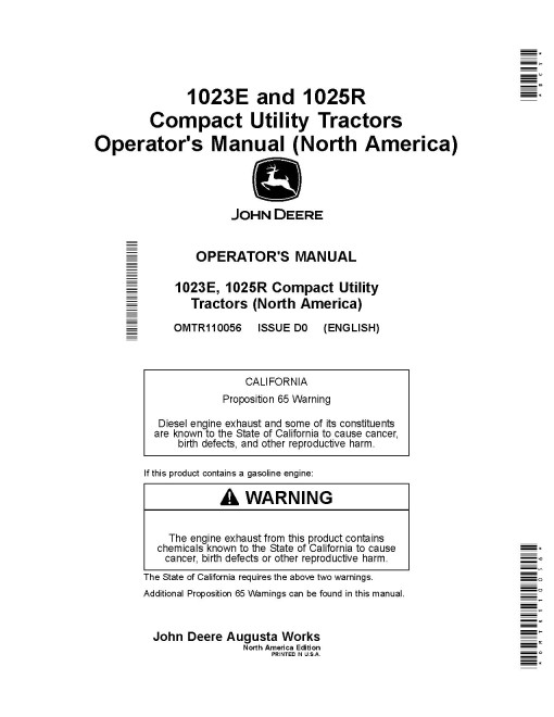 John Deere 1023E, 1025R (from MY2018); Cab 1023E (MY19-MY20) Compact Utility Tractors (N.America) Operators Manual (OMTR110056)