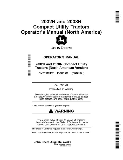 John Deere 2032R and 2038R Compact Utility Tractors (SN: from KL100001, MY2020-2022, N.America) Operators Manual (OMTR112402)