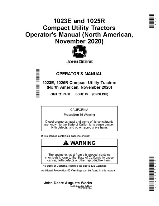 John Deere 1023E and 1025R Compact Utility Tractors (MY2021-2022, North America) Operators Manual (OMTR117450)