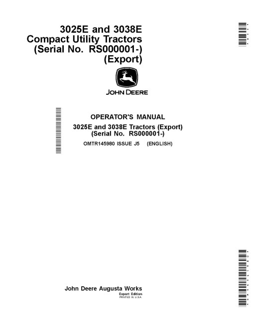 John Deere 3025E and 3038E Compact Utility Tractors (SN: from RS000001, MY2025-2026, Export) Operators Manual (OMTR145980)