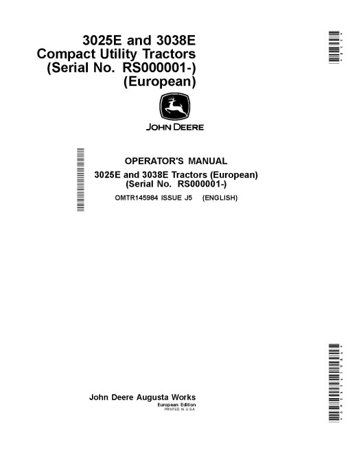 John Deere 3025E and 3038E Compact Utility Tractors (SN: from RS000001, MY2025-2026, Europe) Operators Manual (OMTR145984)