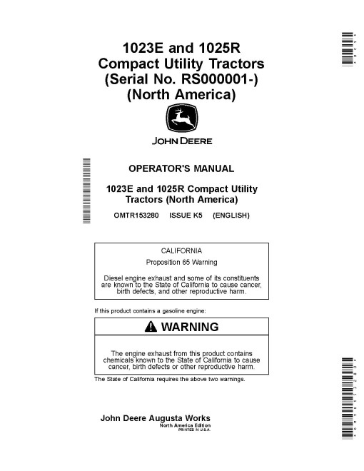 John Deere 1023E and 1025R (from MY2025) Compact Utility Tractors (SN: from RS000001, N.America) Operators Manual (OMTR153280)