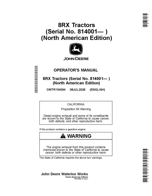 John Deere 8RX 310, 8RX 340, 8RX 370 and 8RX 410 Tracked Tractors (SN: from 814001, N.America) Operators Manual (OMTR154094)