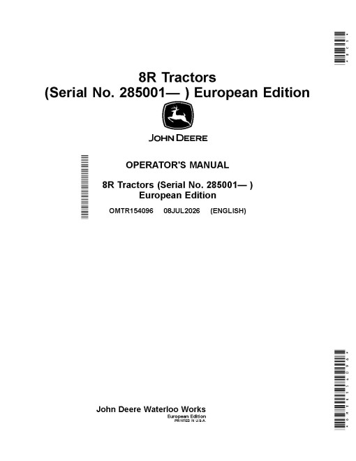 John Deere 8R 250, 8R 280, 8R 310, 8R 340, 8R 370, 8R 410 Tractors (SN: from 285001) (Europe) Operators Manual (OMTR154096)
