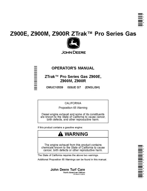 John Deere ZTrak Z915E, Z920M/R, Z925M, Z930M/R, Z945M, Z950M/R, Z955M, Z960M, Z970R Mowers (North America) Operators Manual (OMUC10539E)