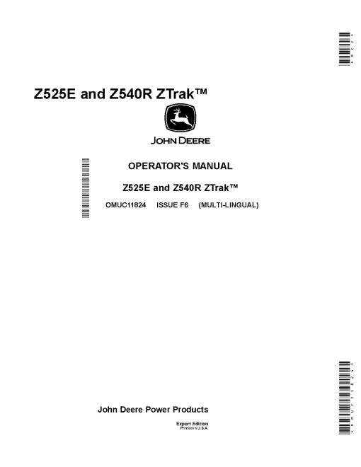 John Deere ZTrak Z525E and Z540R (SN: 010001-050000) Zero-Turn Mowers (Export Edition) Operators Manual (OMUC11824)