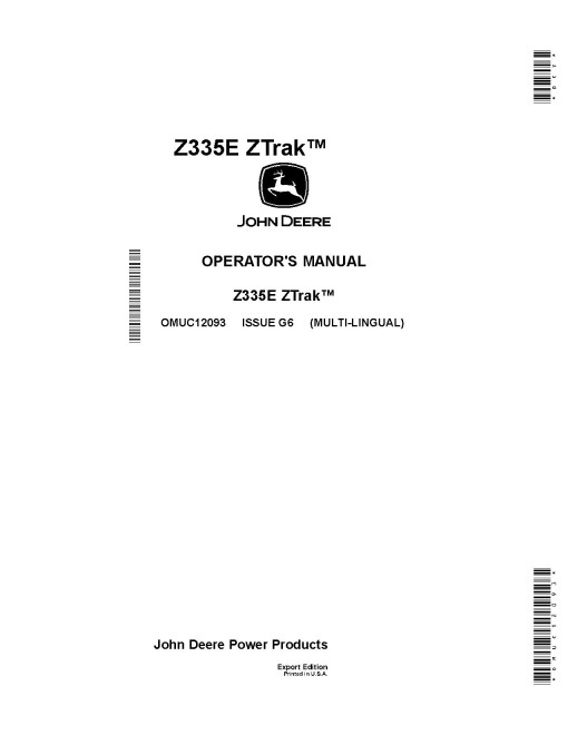John Deere ZTrak Z335E (SN: 010001-050000) Zero-Turn Mowers (Export Edition) Operators Manual (OMUC12093)