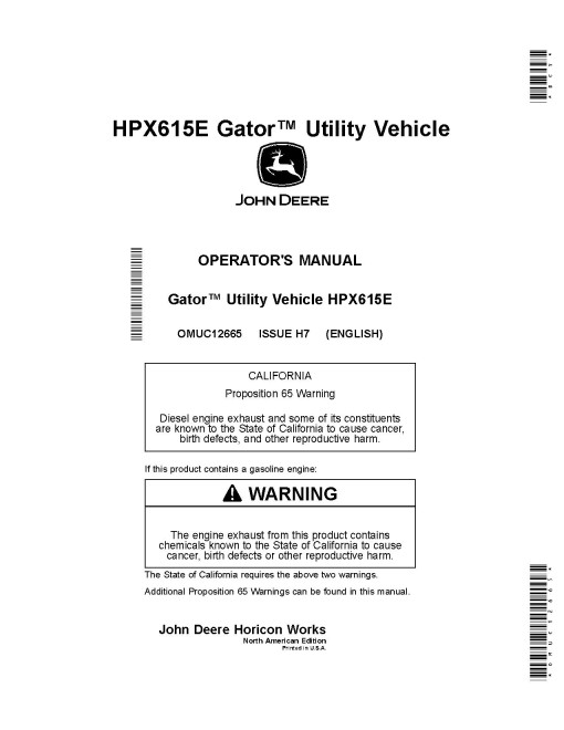 John Deere HPX615E Gator Utility Vehicles (SN: 010001 - 020000) (North America) Operators Manual (OMUC12665)