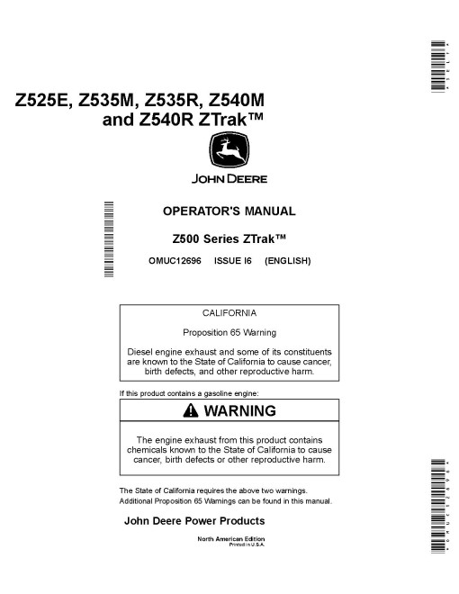 John Deere ZTrak Z525E, Z535M, Z535R, Z540M, Z540R (SN: 050001-080000) Zero-Turn Mowers (North America) Operators Manual (OMUC12696)
