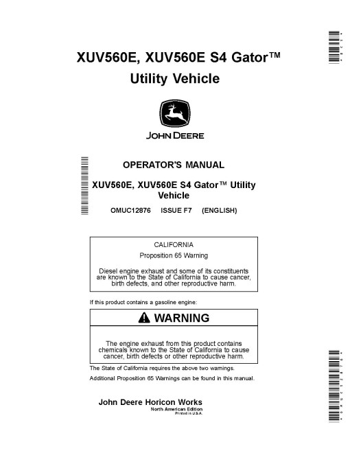 John Deere XUV560E and XUV560E S4 Gator Utility Vehicles (SN: 010001 - 020000) (North America) Operators Manual (OMUC12876)